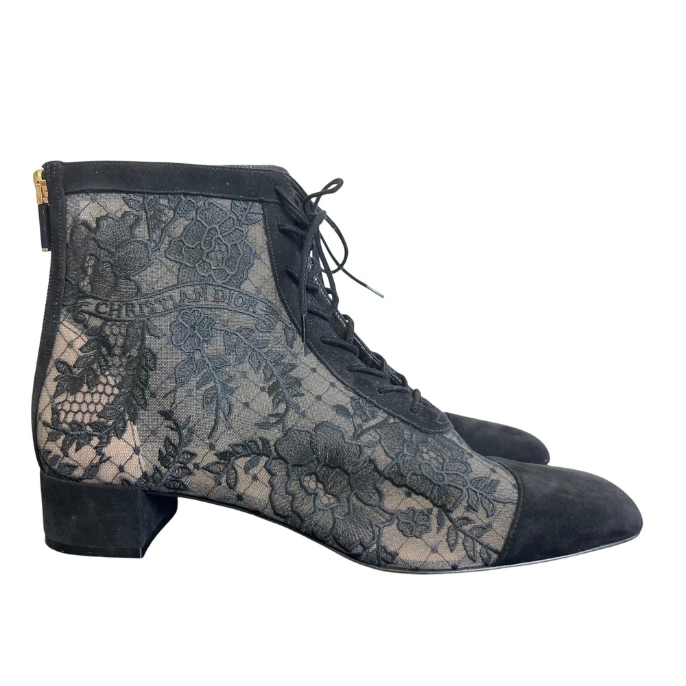 Christian Dior Naughtily-D Heeled Ankle Boot Black Lace Suede Goatskin Size 42